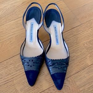 Manolo Blahnik navy blue suede slingback pumps